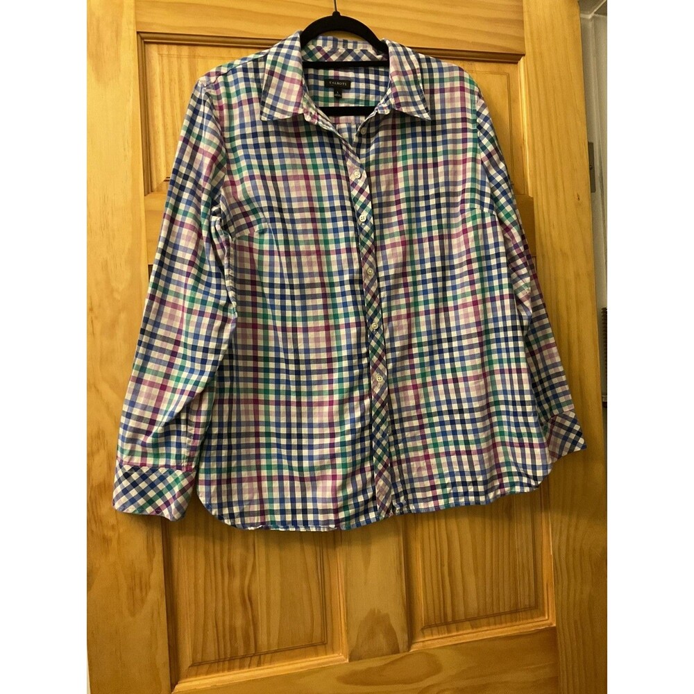 TALBOTS Cotton Blouse Women’s Size Large Button Up Pastel Plaid Long Sleeve
